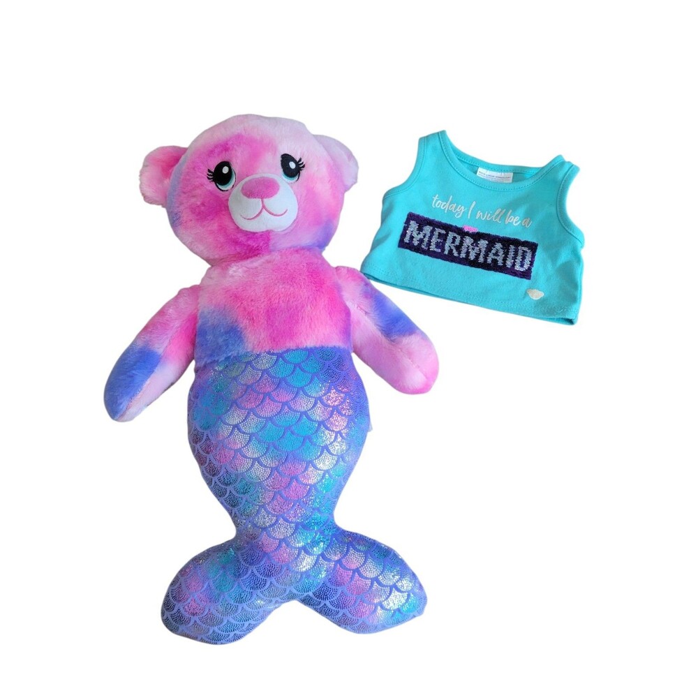 2020 Original Build-A-Bear Mermaid Cat Iridescent Pink Purple Soft W Shirt 17"